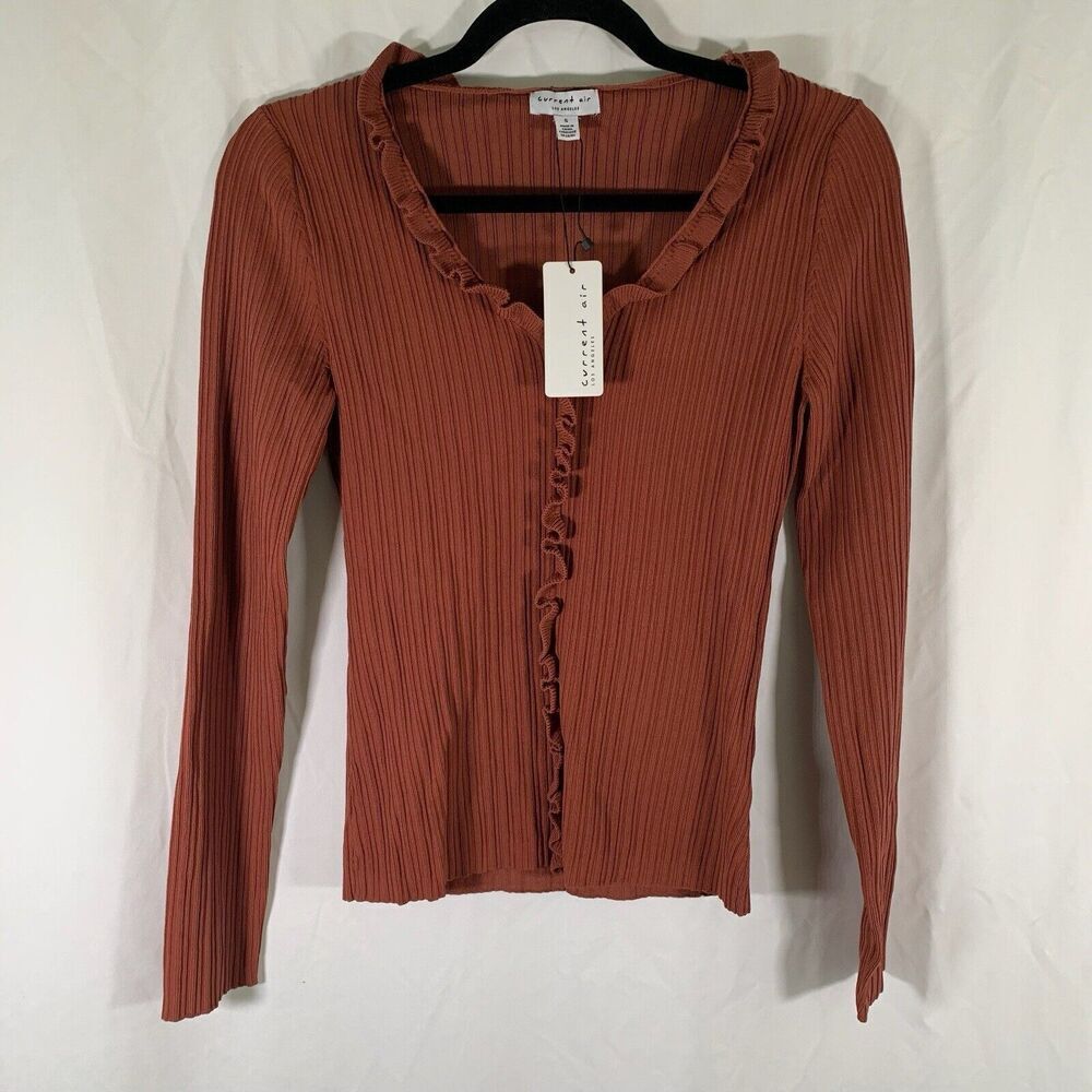 Current Air Blouse Women's Small Brown Ribbed Vneck Long Sleeve Stretchy